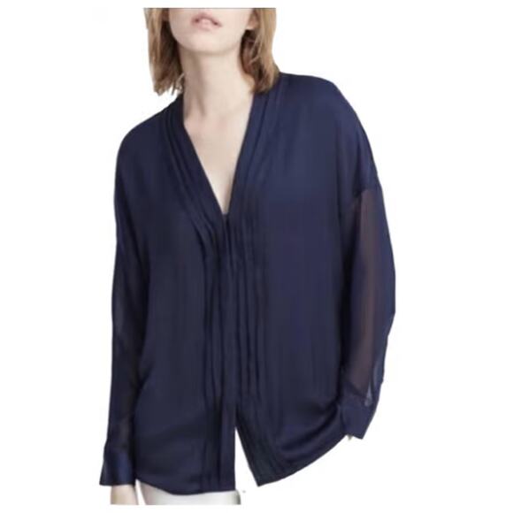 Vince NEW Satin V-Neck Pleated Front Blouse Sheer Sleeves Navy Blue Size 10 - Picture 1 of 6